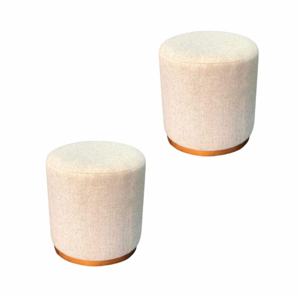 Kit 2 Puff Barcelona Linho Bege e Base Madeira