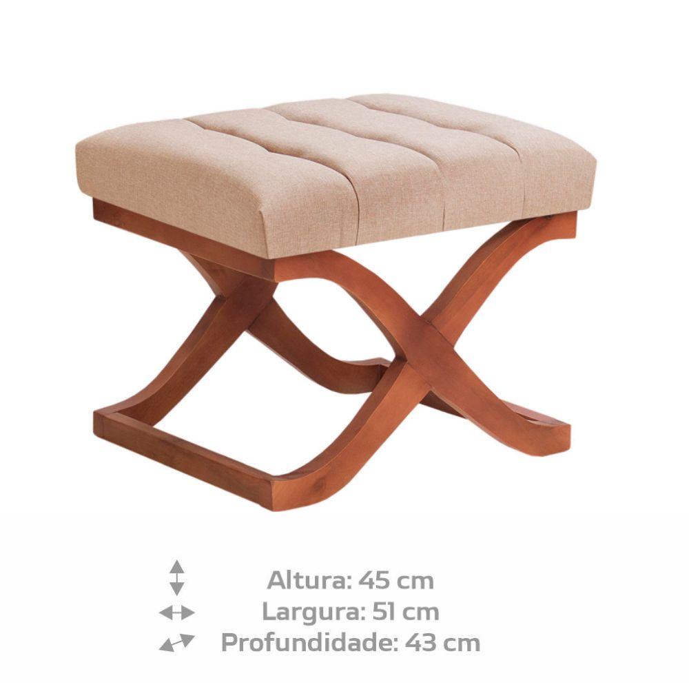Kit 2 Puff Dubai Decorativo Tecido Linho Bege e Base de Madeira