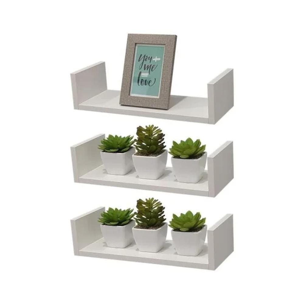 Kit 3 Prateleiras em U 60x15 cm Organizador Escritório com Suporte Invisível Branco