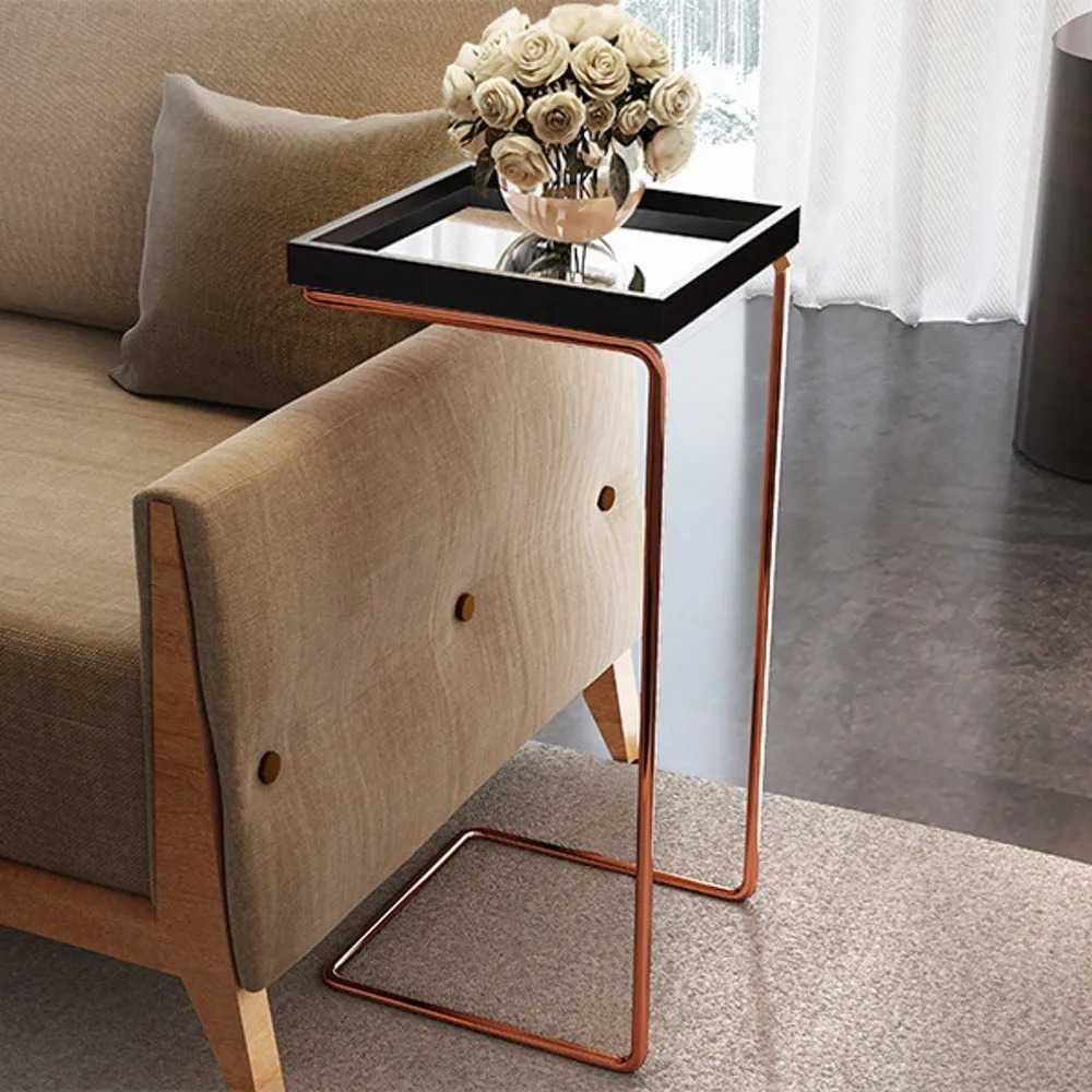 Mesa de Apoio para Sofá Bandeja Espelhada Laca Preta Base Bronze