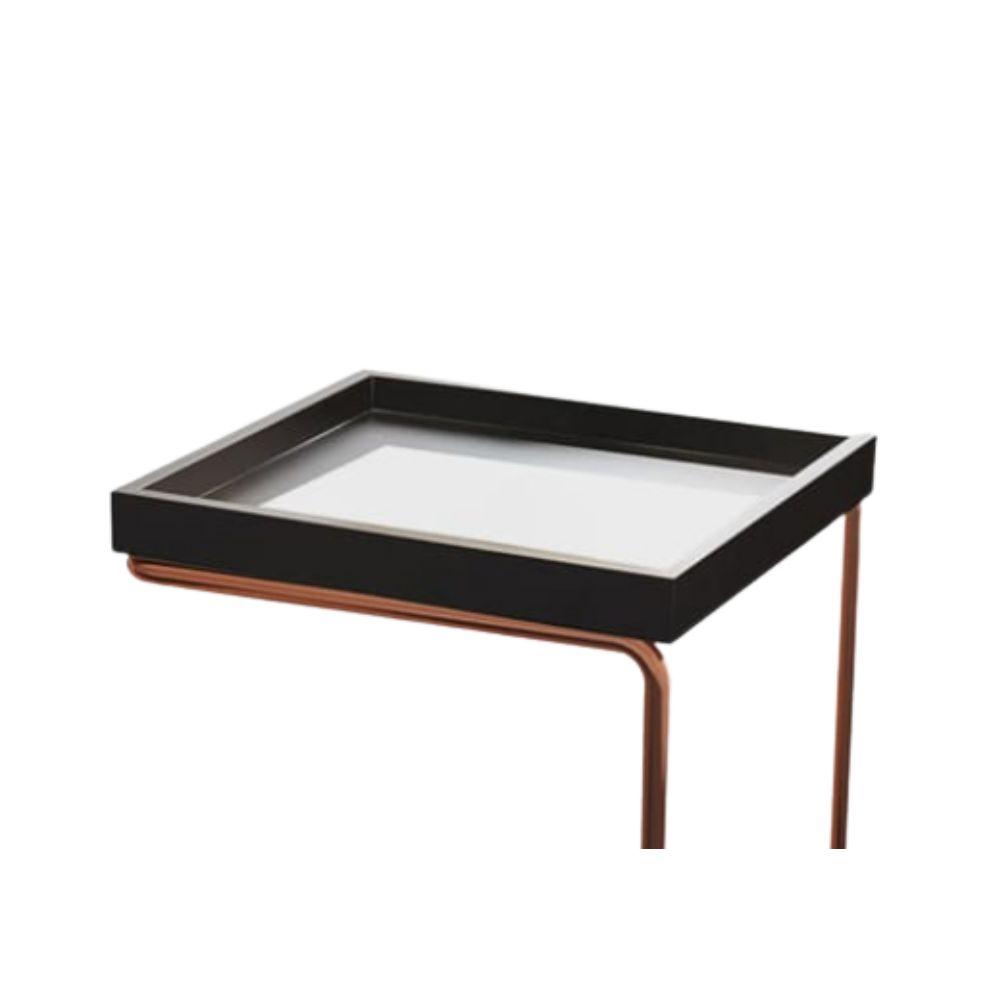 Mesa de Apoio para Sofá Bandeja Espelhada Laca Preta Base Bronze