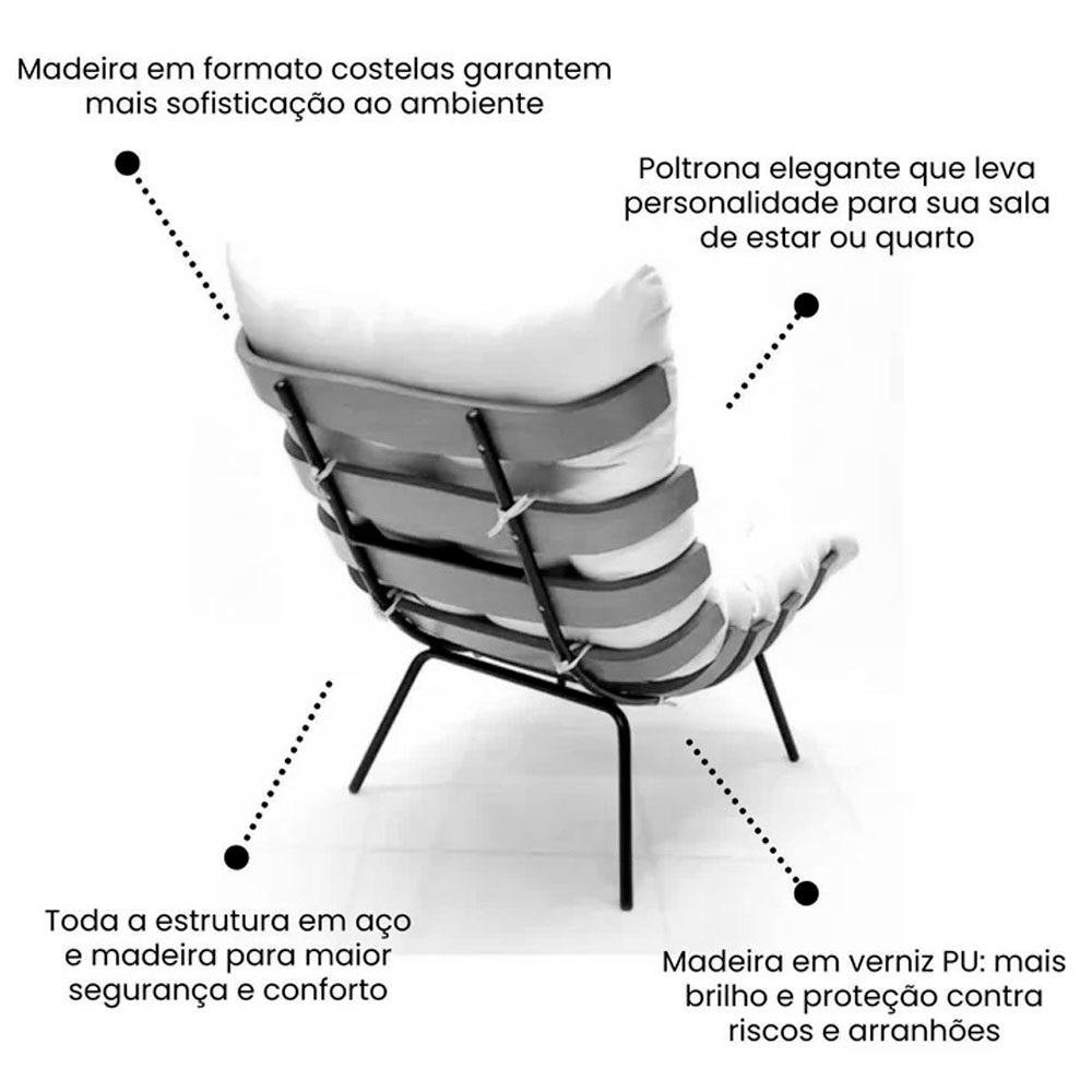 Poltrona Costela Linho Bege Metal Preto