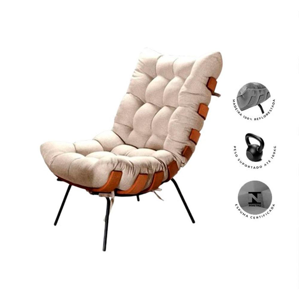 Poltrona Costela Linho Off White Metal Preto
