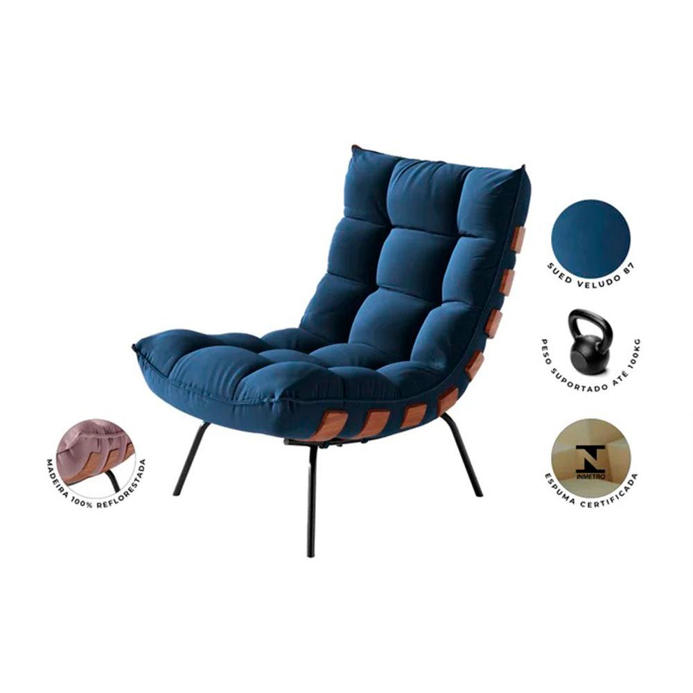 Poltrona Costela Tecido Veludo Azul Marinho