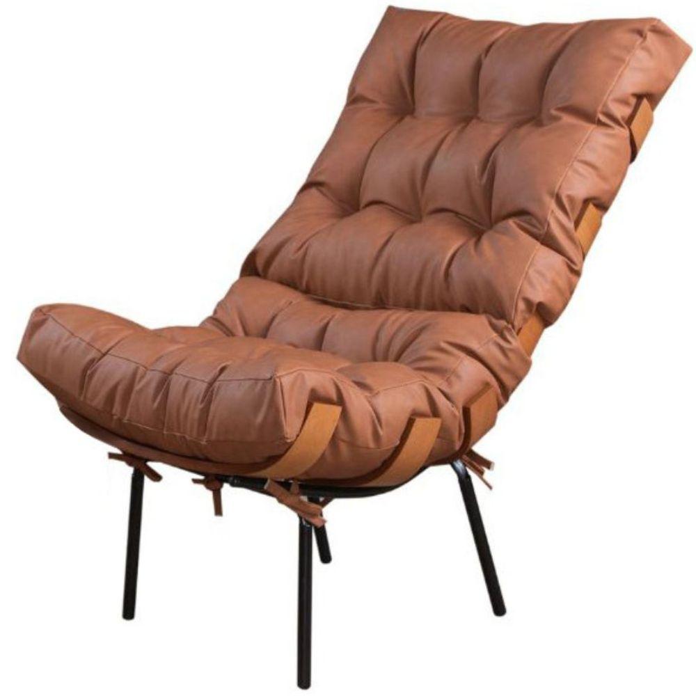Poltrona Costela com Puff Couro Caramelo Metal Preto