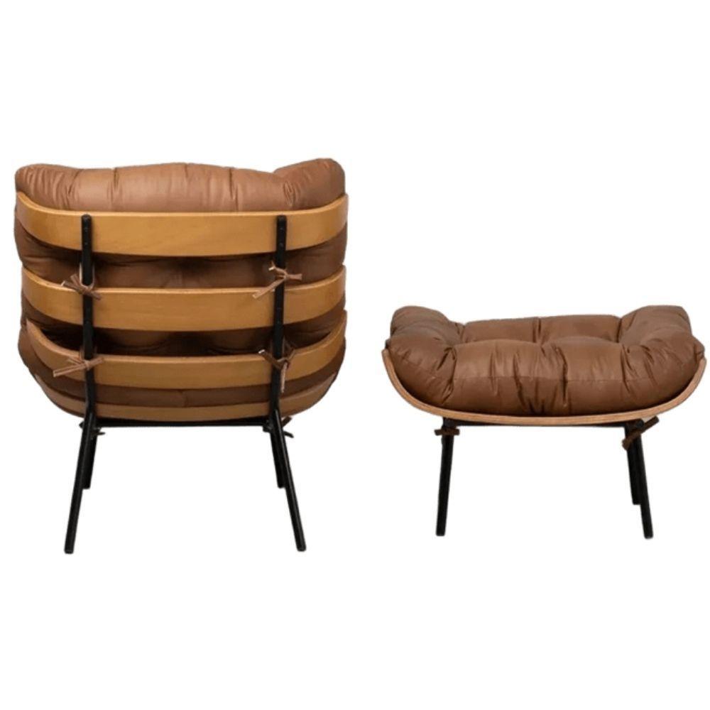 Poltrona Costela com Puff Couro Caramelo Metal Preto