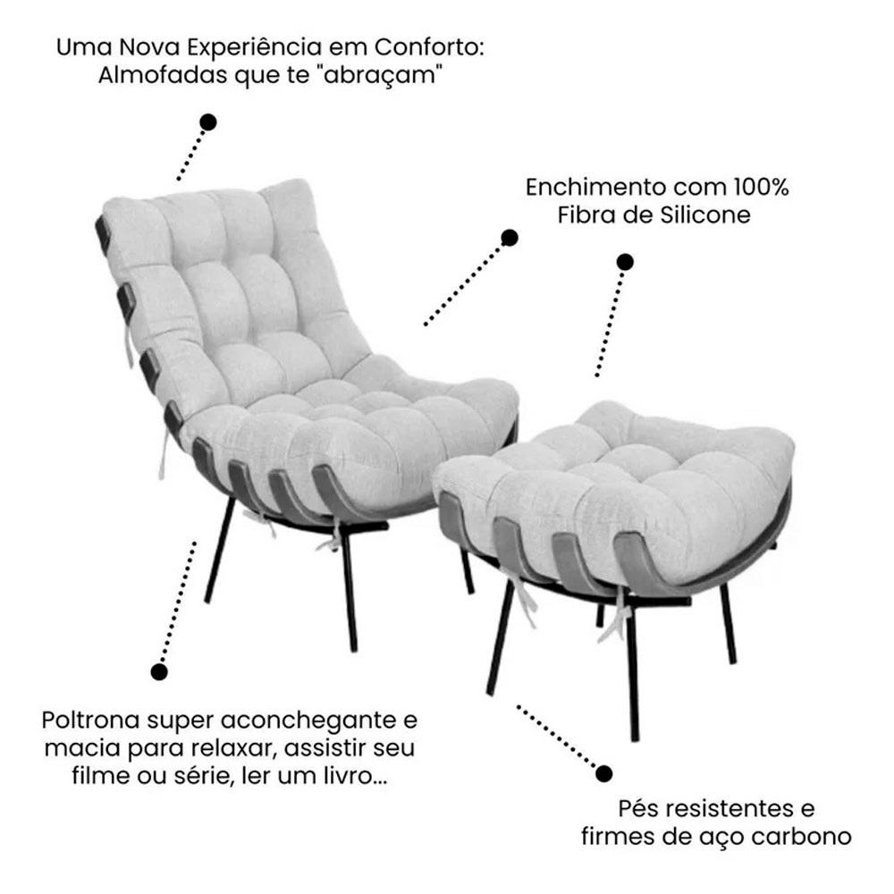 Poltrona Costela com Puff Linho Bege
