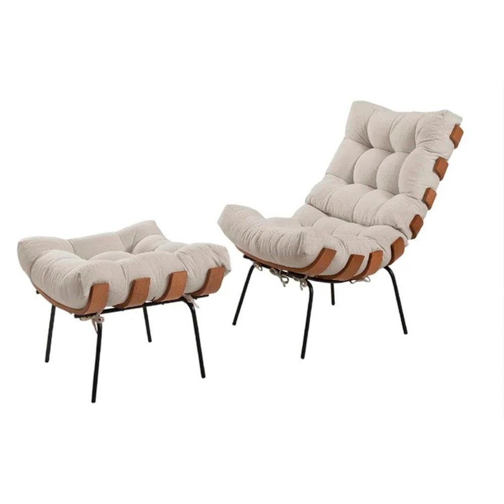 Poltrona Costela com Puff Linho Off White Metal Preto