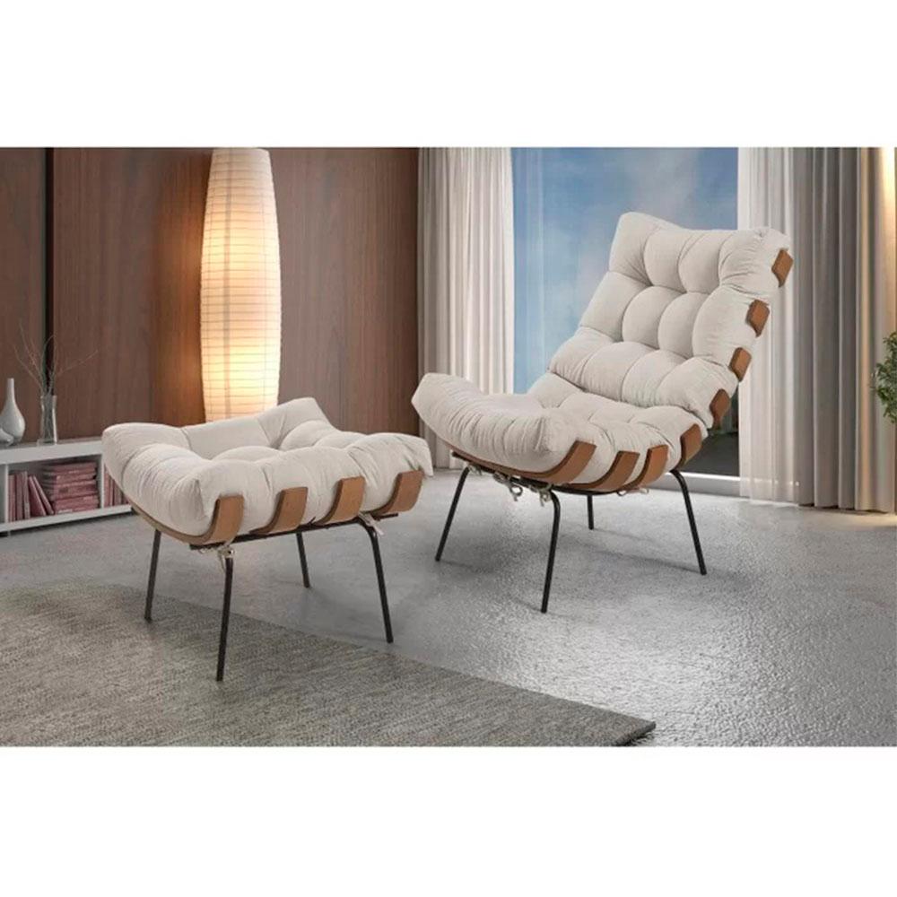 Poltrona Costela com Puff Linho Off White Metal Preto
