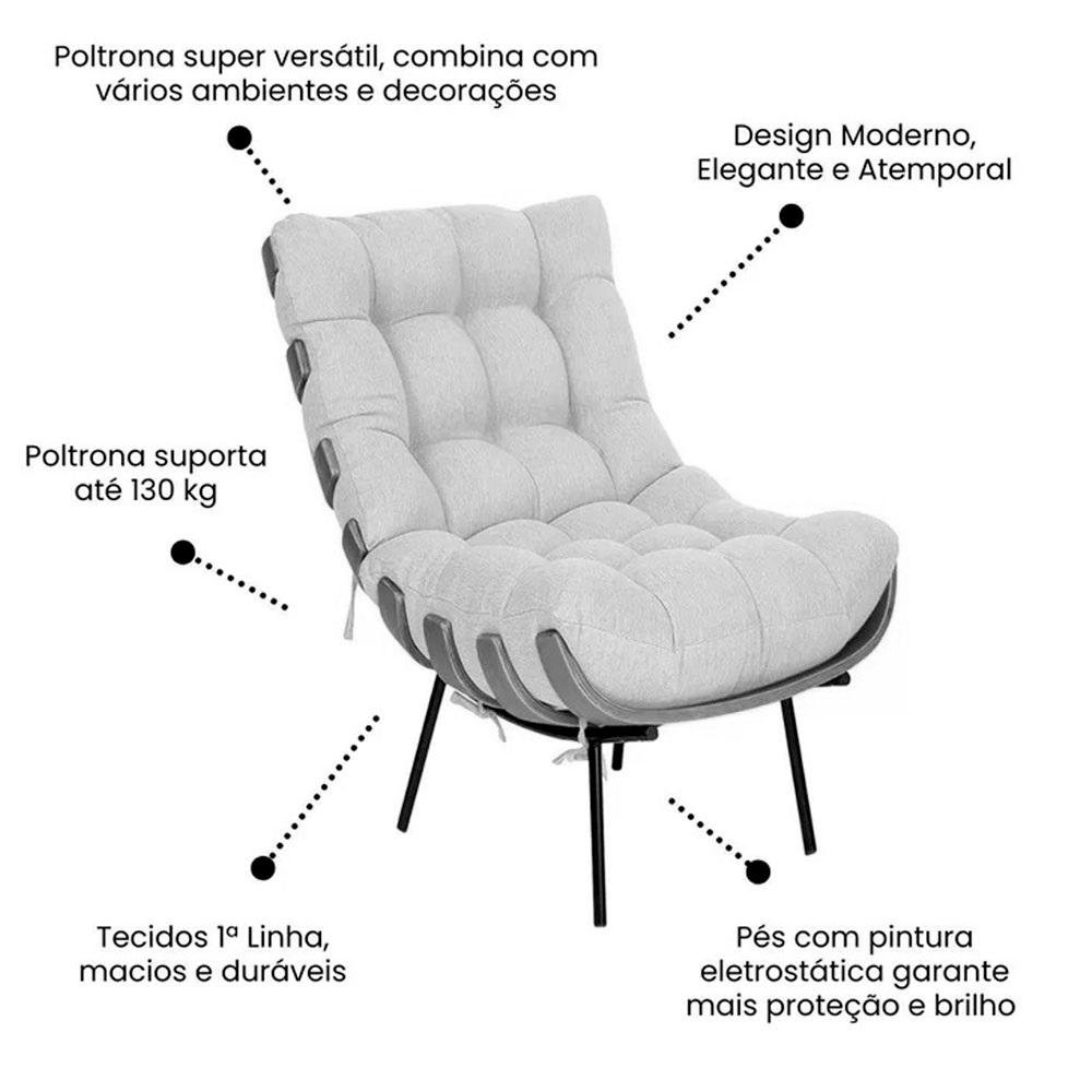 Poltrona Costela com Puff Tecido Linho Cinza