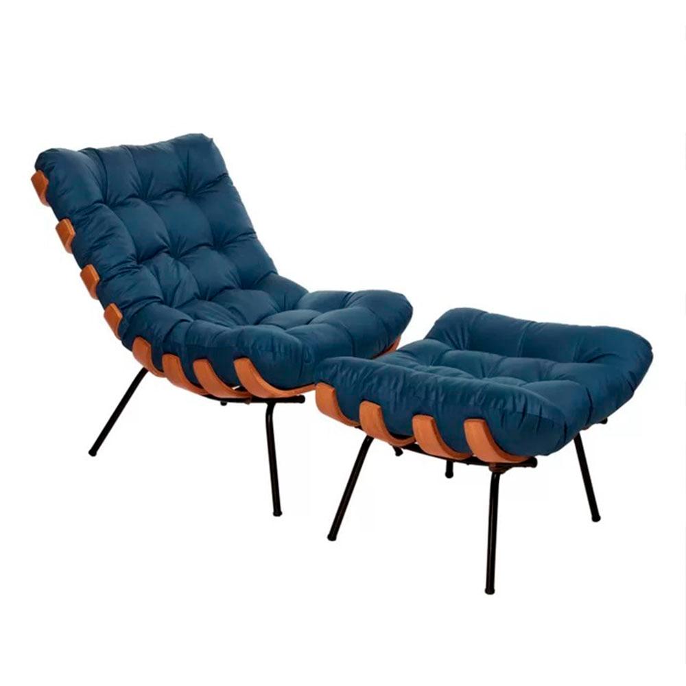 Poltrona Costela com Puff Tecido Veludo Azul Marinho