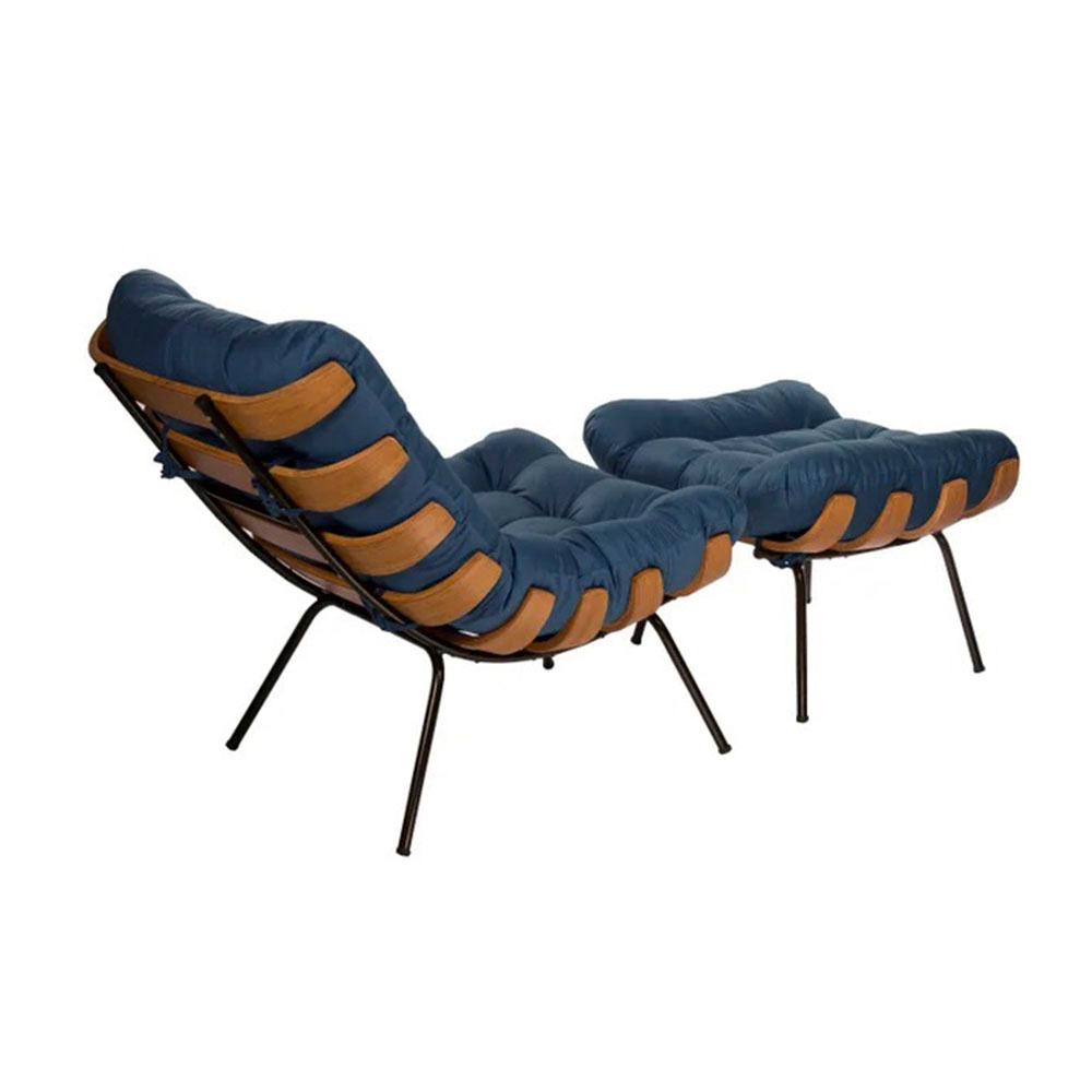 Poltrona Costela com Puff Tecido Veludo Azul Marinho
