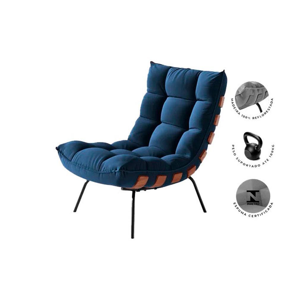 Poltrona Costela com Puff Tecido Veludo Azul Marinho