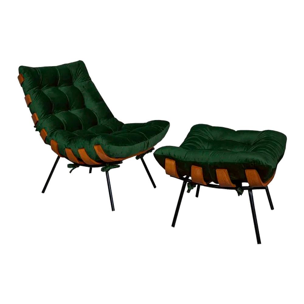 Poltrona Costela com Puff Tecido Veludo Verde Musgo