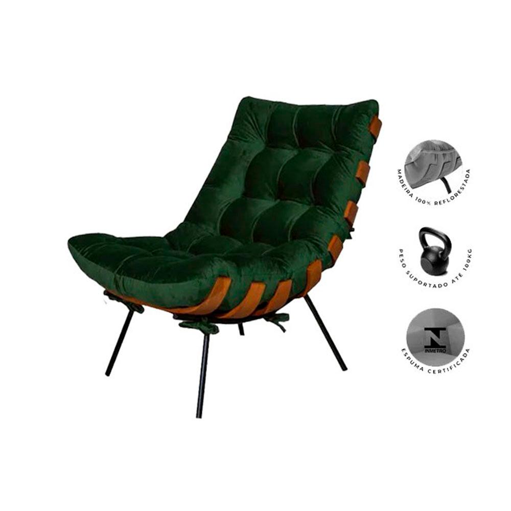 Poltrona Costela com Puff Tecido Veludo Verde Musgo