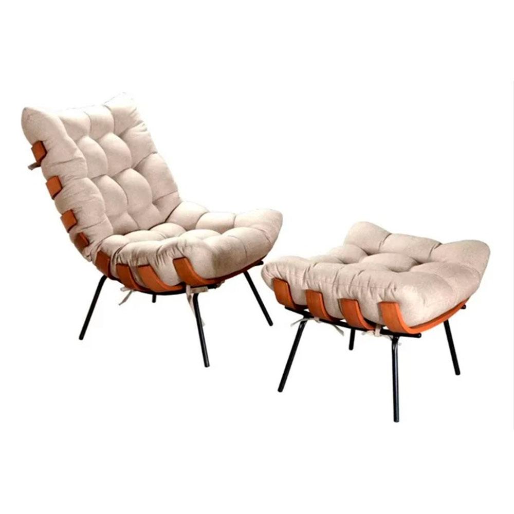 Poltrona Costela de Adão com Puff Linho Off White Metal Preto