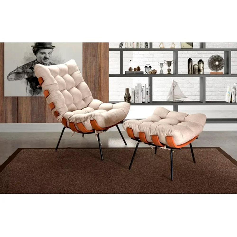 Poltrona Costela de Adão com Puff Linho Off White Metal Preto