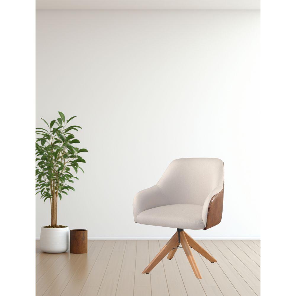 Poltrona Decorativa Hera Linho Nude Couro Caramelo com Base Giratória em Madeira