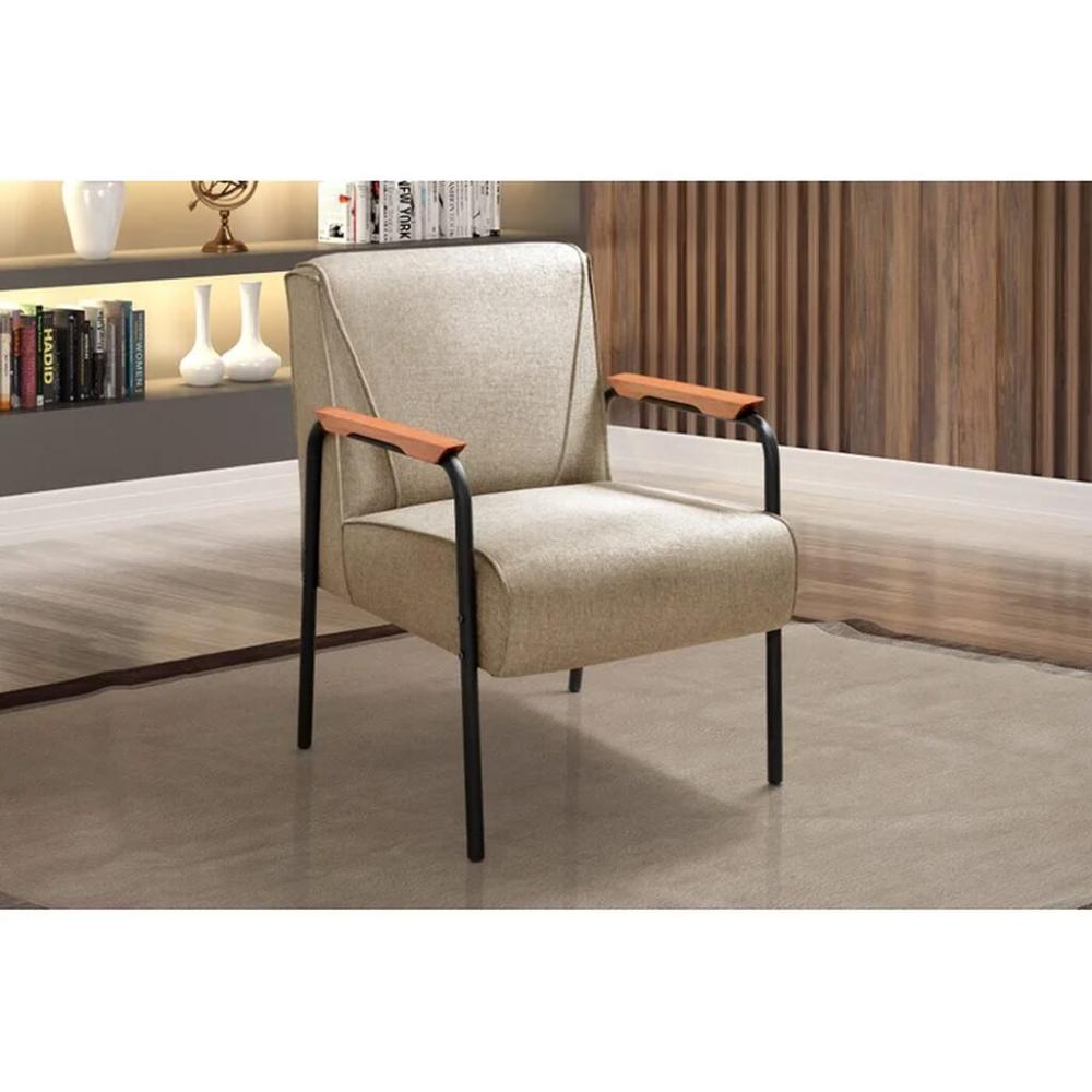 Poltrona Decorativa Jade Tecido Linho Bege e Metal Preto