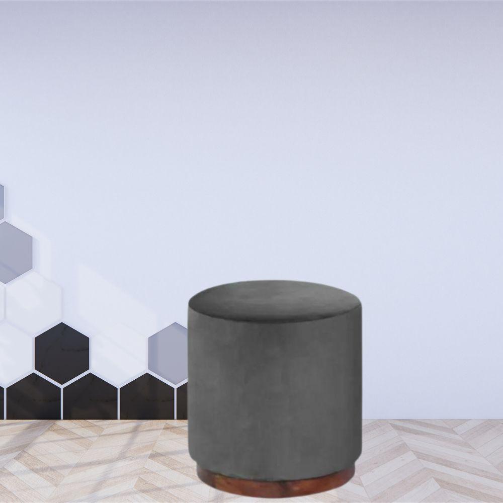 Puff Barcelona Decorativo Veludo Cinza Chumbo e Base Madeira