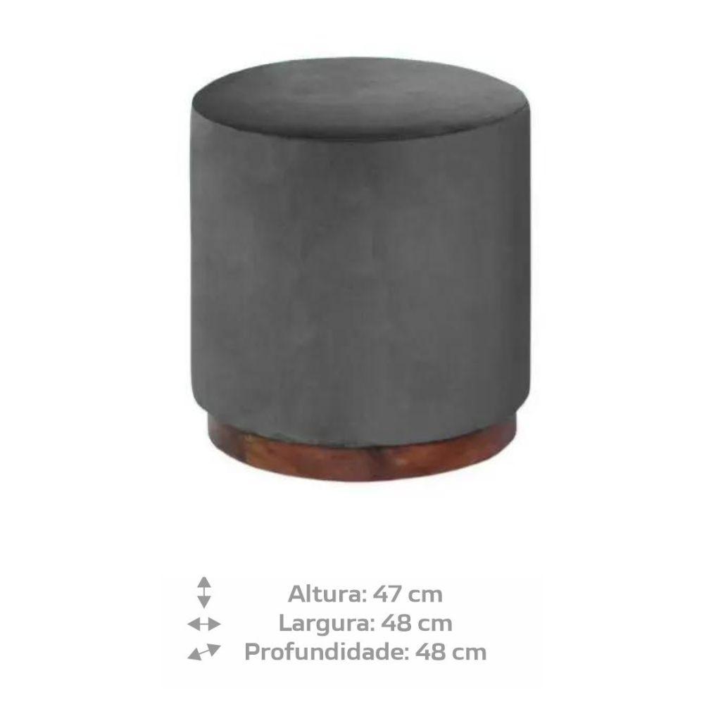 Puff Barcelona Decorativo Veludo Cinza Chumbo e Base Madeira