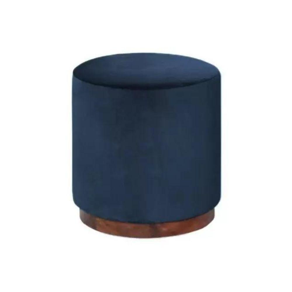 Puff Barcelona Decorativo com Veludo Azul e Base Madeira