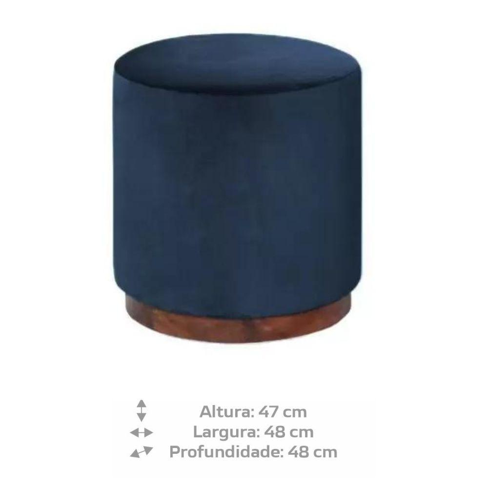 Puff Barcelona Decorativo com Veludo Azul e Base Madeira