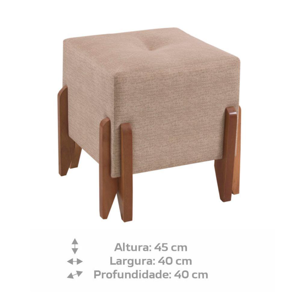Puff Caio Decorativo com Linho Bege e Pés em Madeira