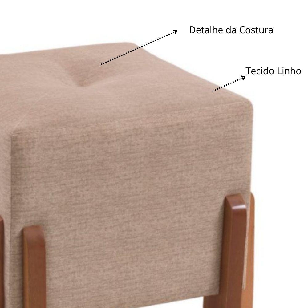 Puff Caio Decorativo com Linho Bege e Pés em Madeira