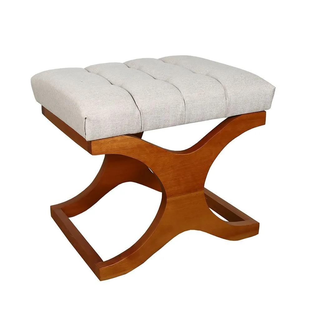 Puff Dubai Decorativo Tecido Linho Bege e Base de Madeira