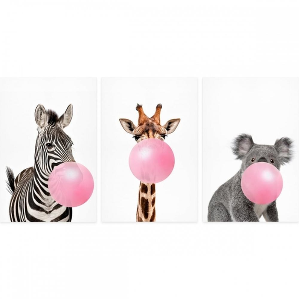 Quadro Dec Girafa Zebra e Coala Mascando Chiclete 3 Telas