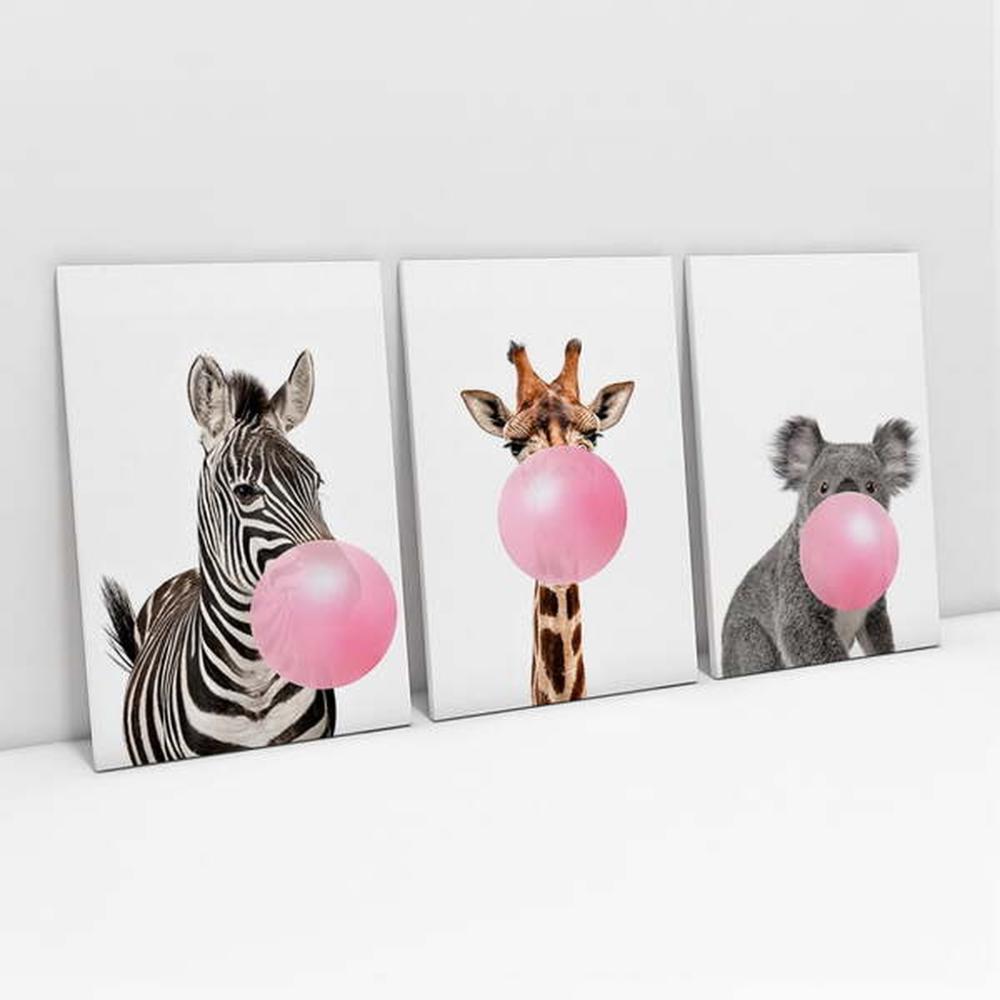 Quadro Dec Girafa Zebra e Coala Mascando Chiclete 3 Telas