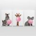 Quadro Dec Girafa Zebra e Coala Mascando Chiclete 3 Telas