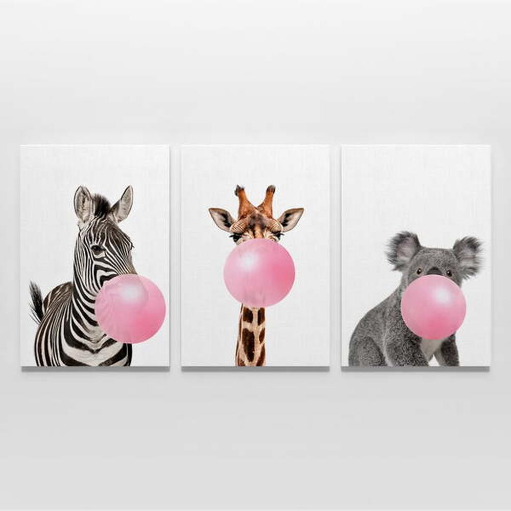 Quadro Dec Girafa Zebra e Coala Mascando Chiclete 3 Telas