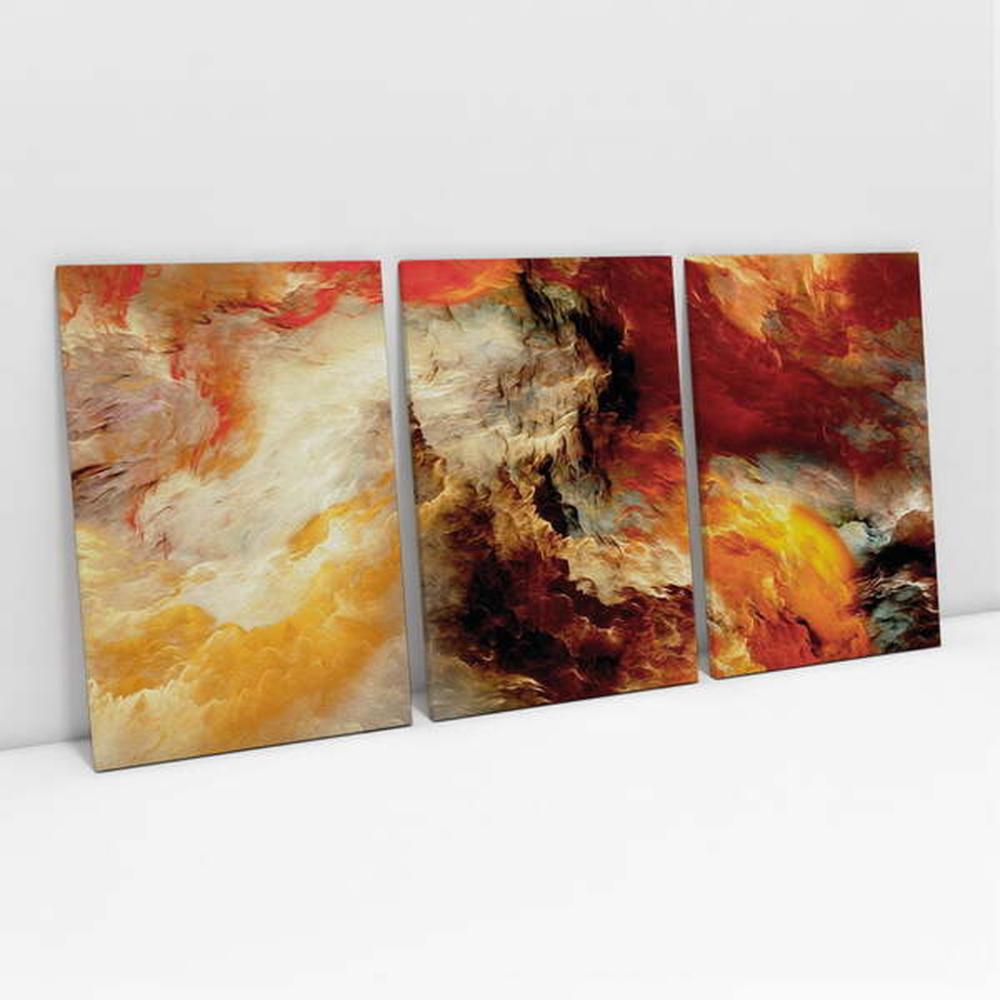 Quadro Decorativo Abstrato Tempestade Cores Quentes 3 Telas