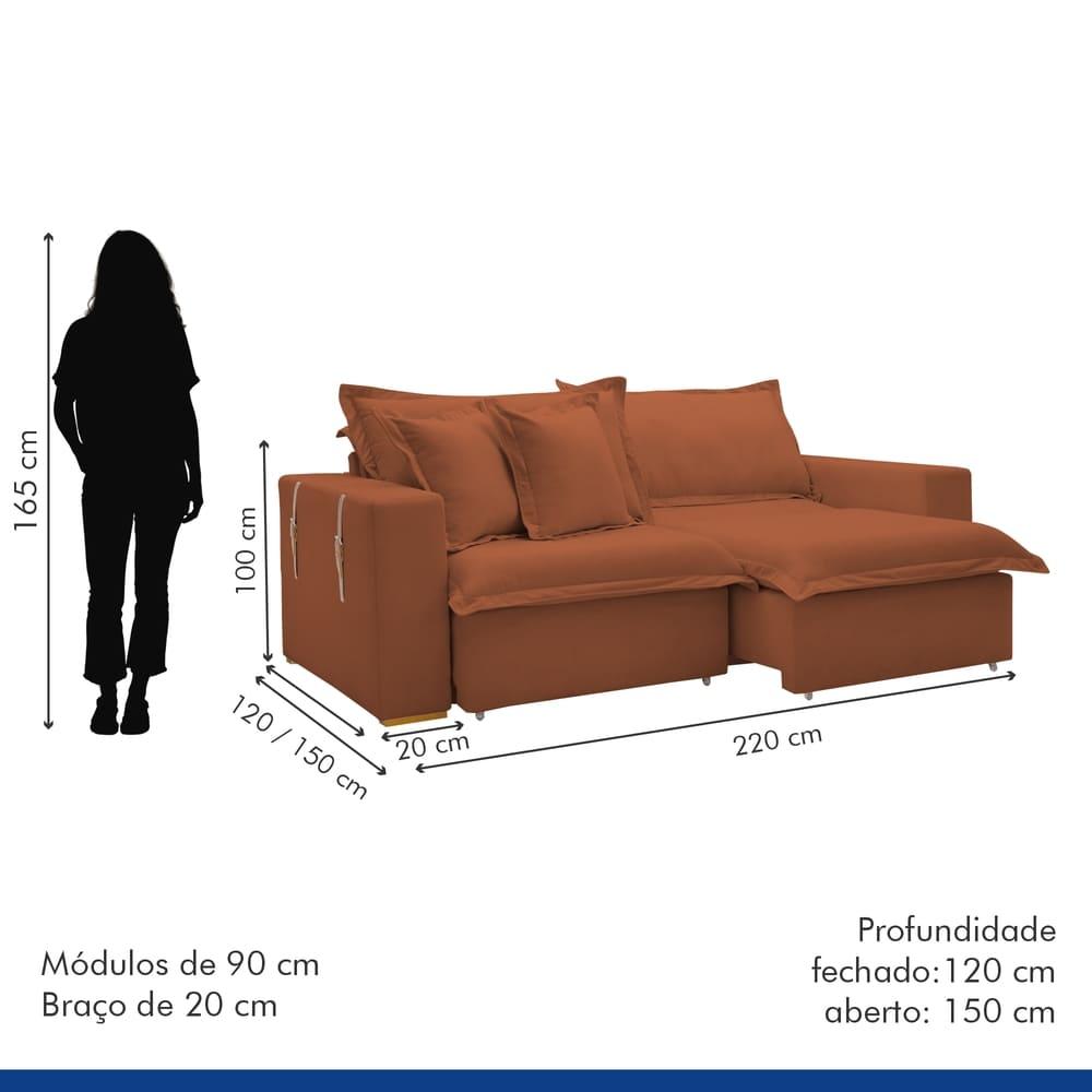 Sofá Cama Retrátil e Reclinável Arizona Veludo Terracota 2,20M