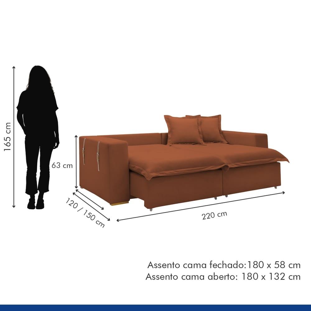 Sofá Cama Retrátil e Reclinável Arizona Veludo Terracota 2,20M