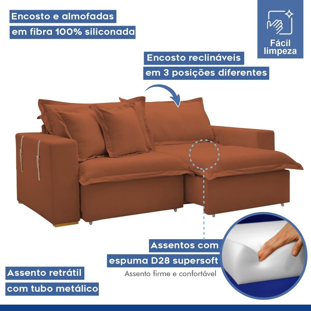 Sofá Cama Retrátil e Reclinável Arizona Veludo Terracota 2,20M