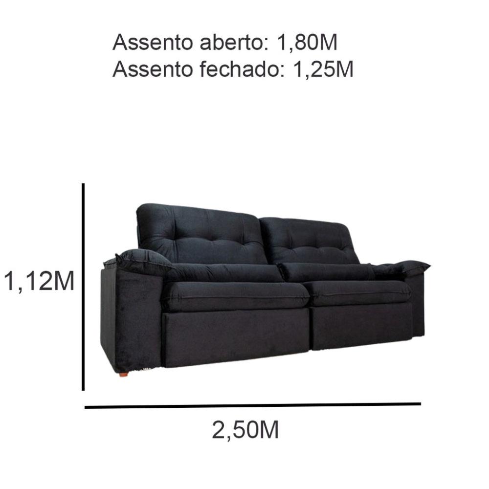 Sofá Retrátil Reclinável Imperial Molas Ensacadas Veludo Preto 2,50M