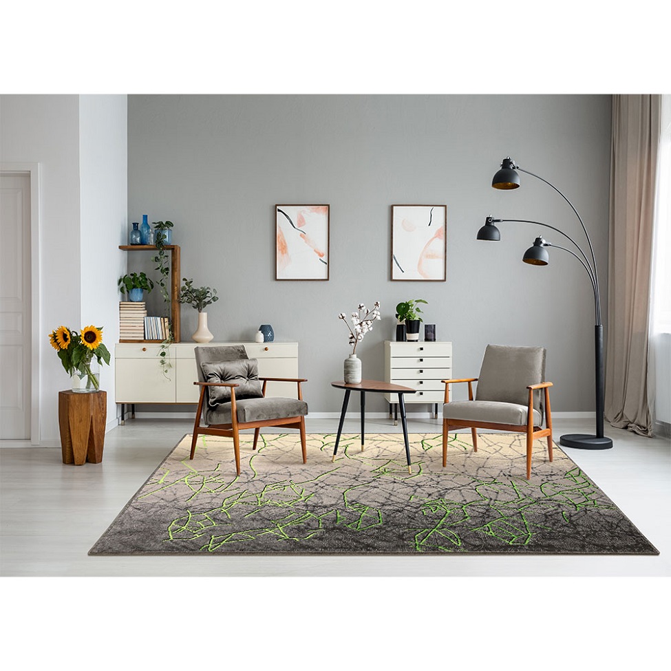 Tapete New Look Arabesco Retangular Veludo (150x200) Cinza e Verde