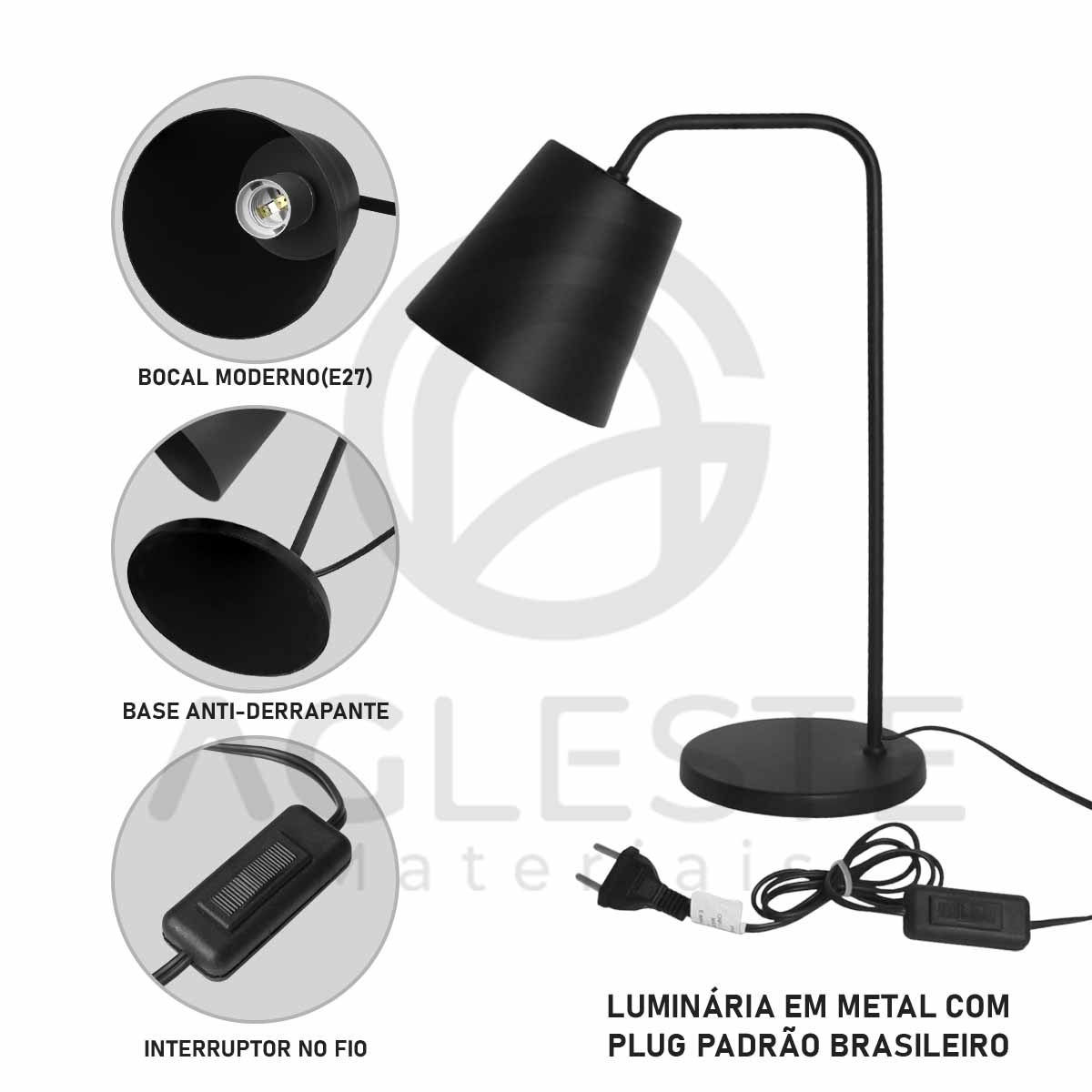 Abajur Ravena 1 Lamp. E27 Preto