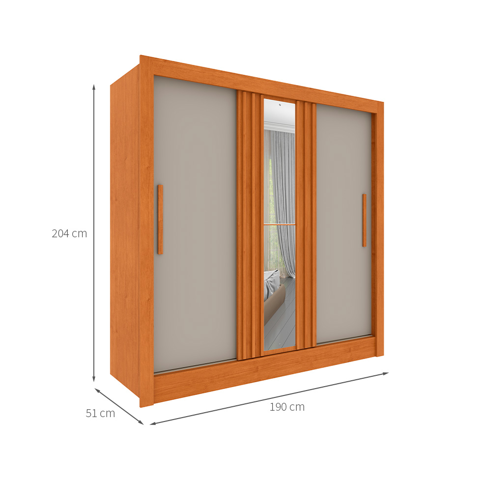 Guarda-Roupa Casal Ripado com Espelho Paraty Flex 3 Portas 4 Gavetas Cinamomo e Off White