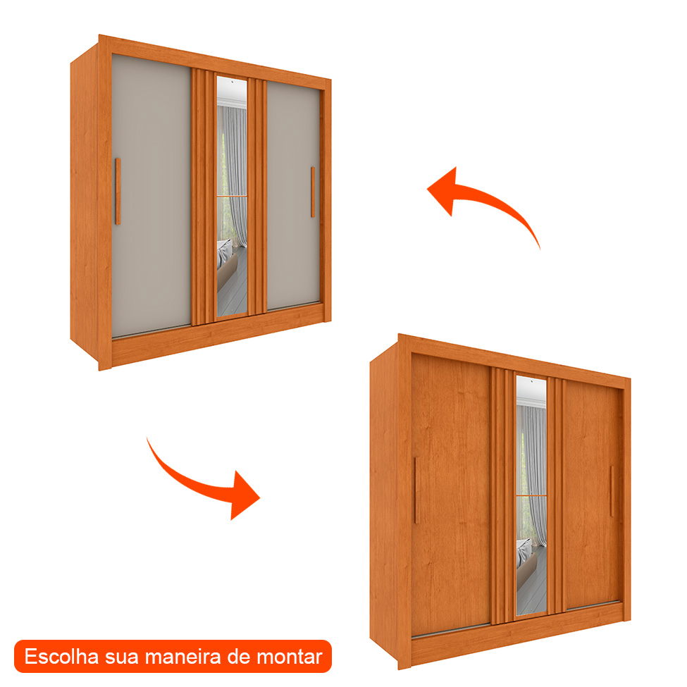 Guarda-Roupa Casal Ripado com Espelho Paraty Flex 3 Portas 4 Gavetas Cinamomo e Off White