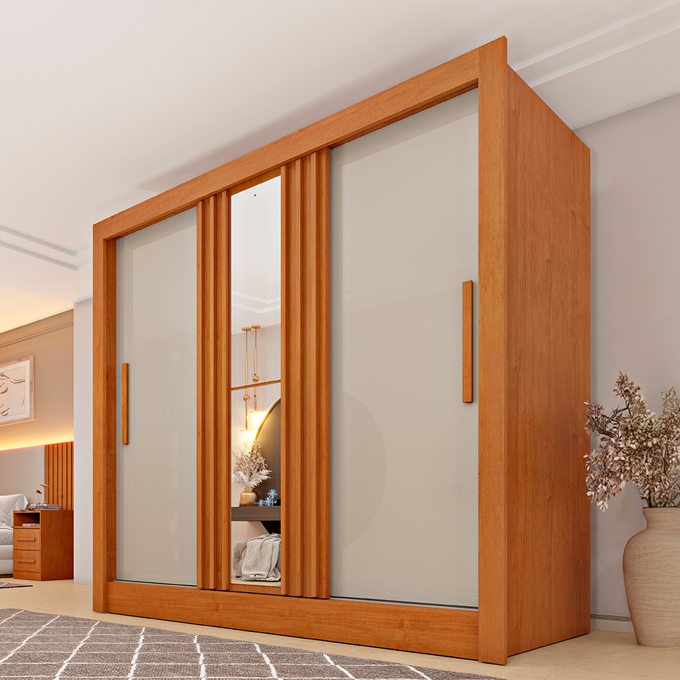 Guarda-Roupa Casal Ripado com Espelho Paraty Flex 3 Portas 4 Gavetas Cinamomo e Off White