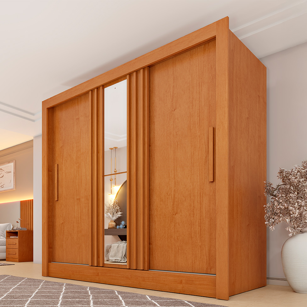 Guarda-Roupa Casal Ripado com Espelho Paraty Flex 3 Portas 4 Gavetas Cinamomo e Off White