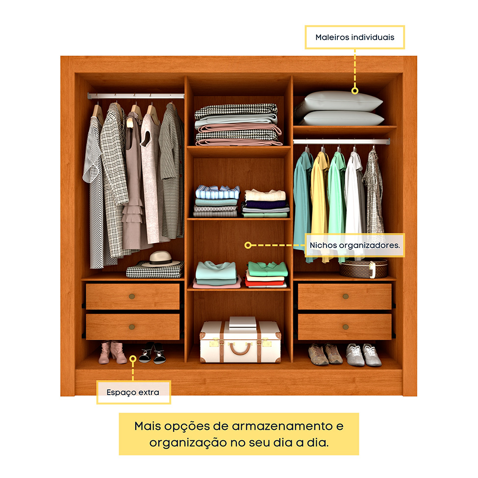 Guarda-Roupa Casal Ripado com Espelho Paraty Flex 3 Portas 4 Gavetas Cinamomo e Off White