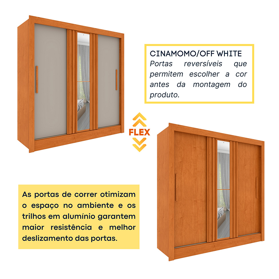 Guarda-Roupa Casal Ripado com Espelho Paraty Flex 3 Portas 4 Gavetas Cinamomo e Off White