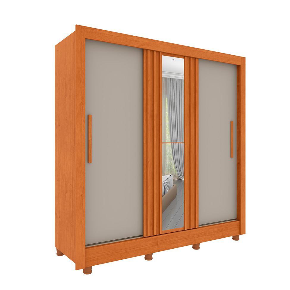 Guarda-Roupa Casal Ripado com Espelho e Pés Paraty Flex 3 Portas 4 Gavetas Cinamomo e Off White