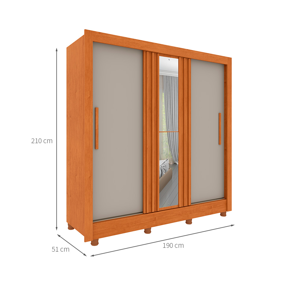 Guarda-Roupa Casal Ripado com Espelho e Pés Paraty Flex 3 Portas 4 Gavetas Cinamomo e Off White