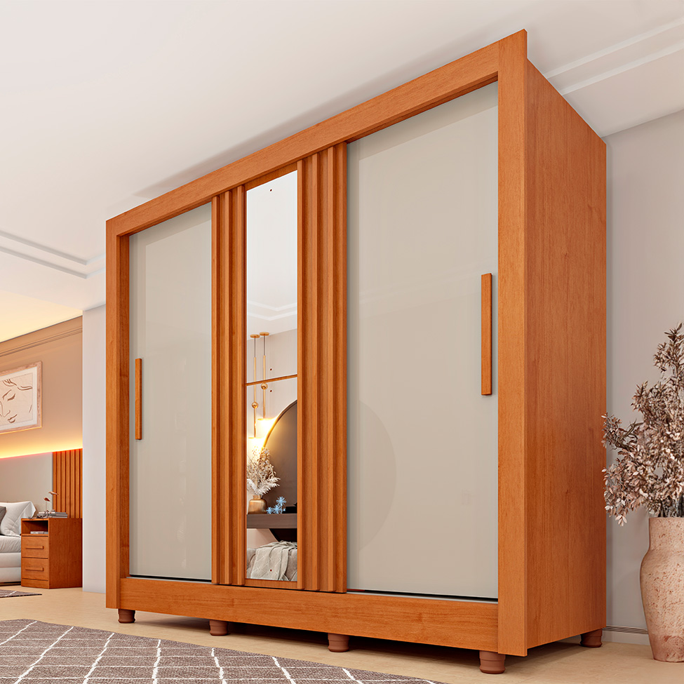 Guarda-Roupa Casal Ripado com Espelho e Pés Paraty Flex 3 Portas 4 Gavetas Cinamomo e Off White